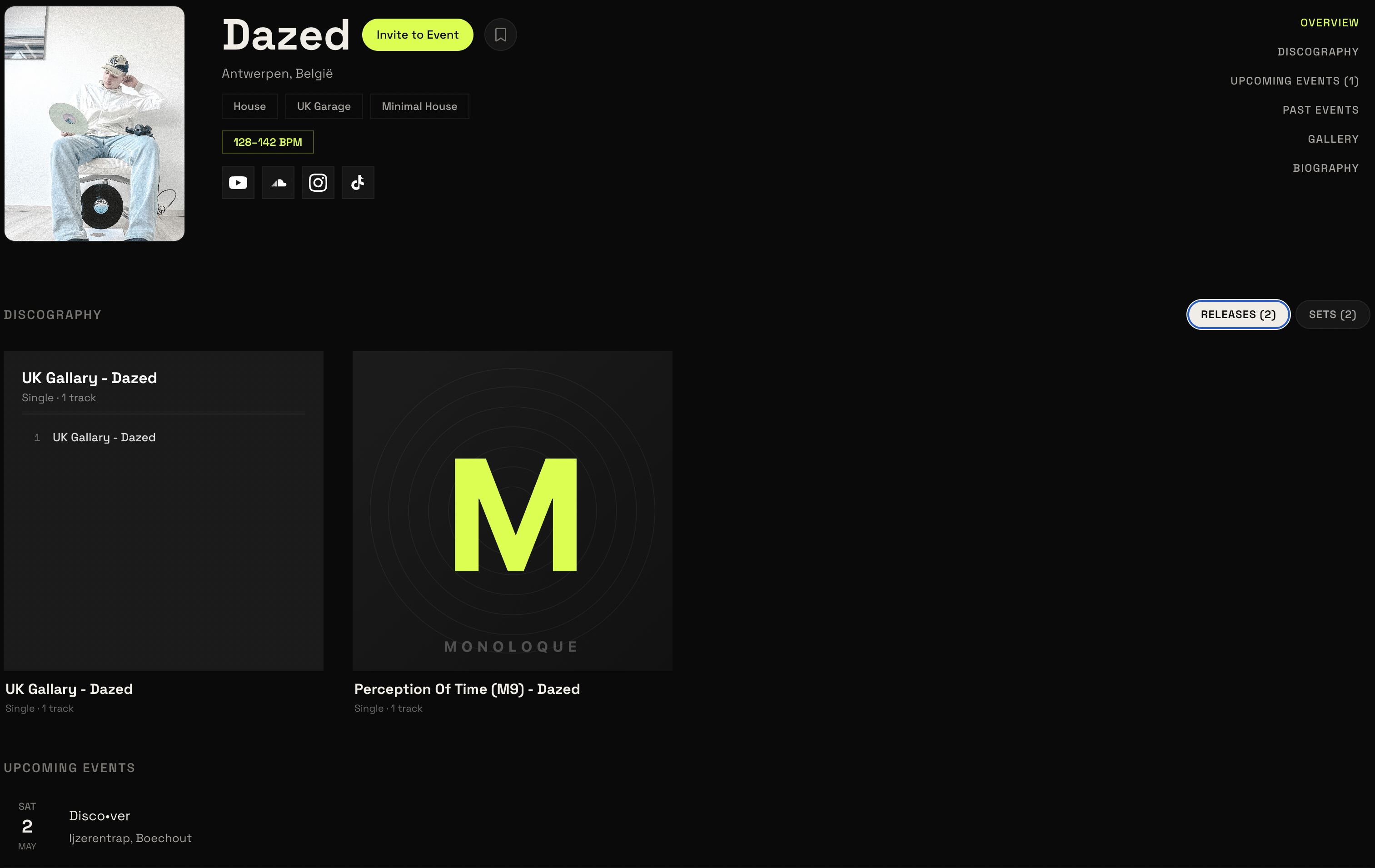 Artist profile example on Monoloque